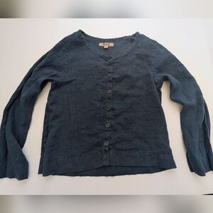Flax 100% Linen Button Down Long sleeve Shirt Dark Blue Women's Small